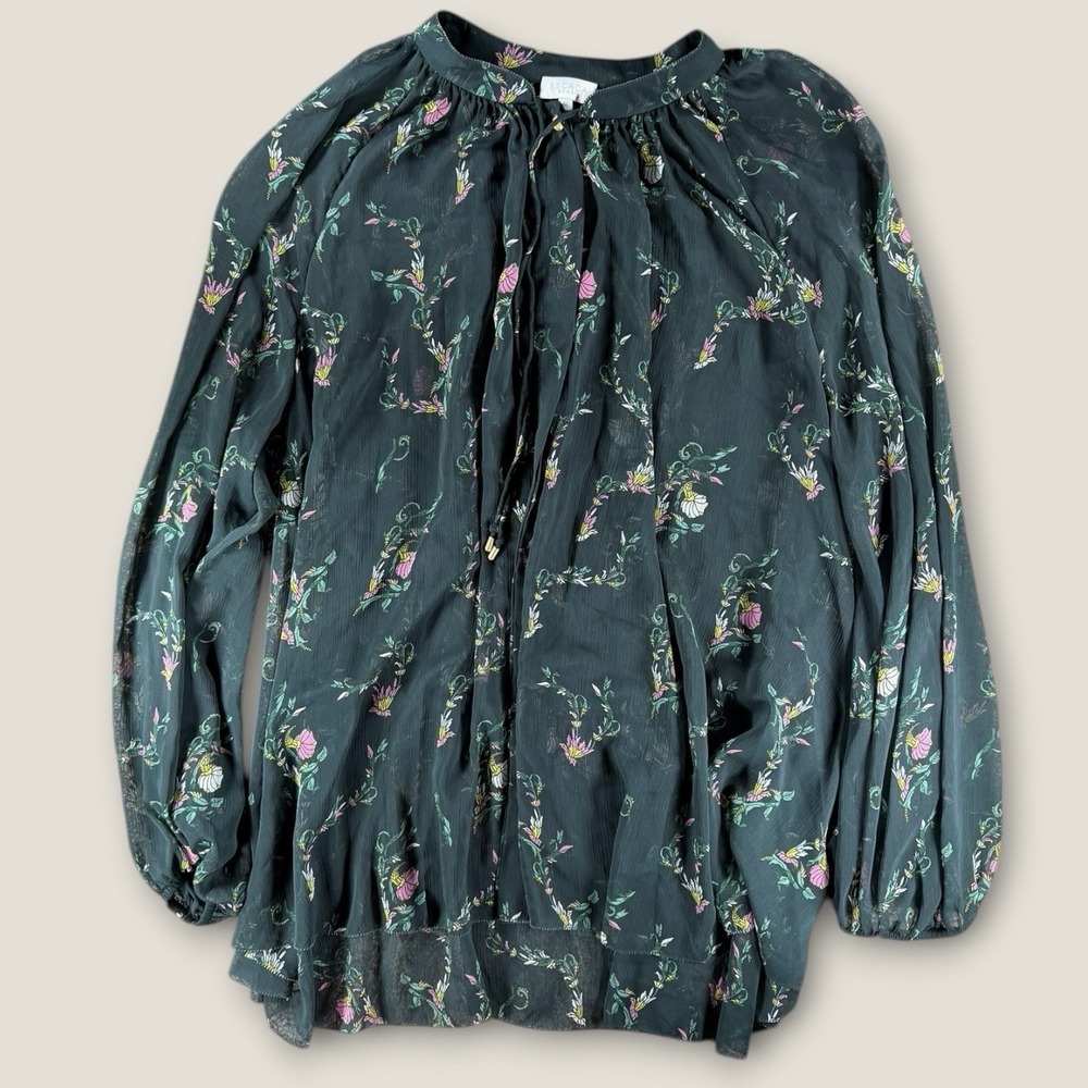 ESCADA Sport Silk Chiffon Floral Blouse Sz 46 Green Pink Sheer Panther Button